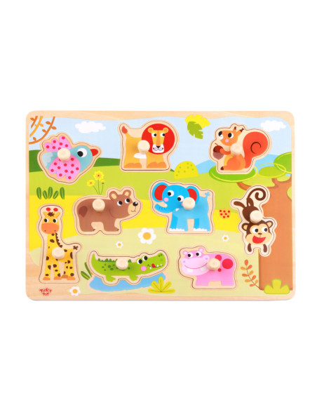 TOOKY TOY Drewniane Puzzle Zwierzęta z Pinezkami Do Dopasowania