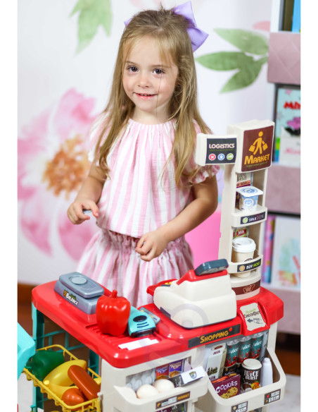 WOOPIE Supermarket z Wózkiem Sklepowym Waga Kasa Skaner + 48 Akcesoriów