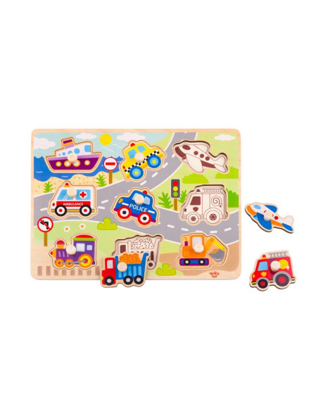 TOOKY TOY Drewniane Puzzle Transport Pojazdy z Pinezkami Do Dopasowania
