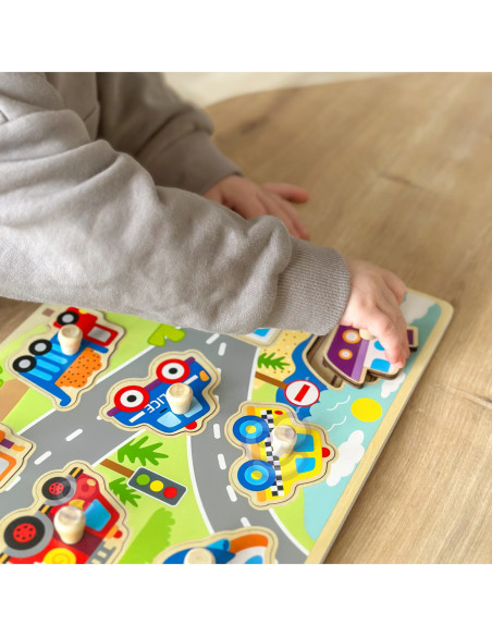 TOOKY TOY Drewniane Puzzle Transport Pojazdy z Pinezkami Do Dopasowania