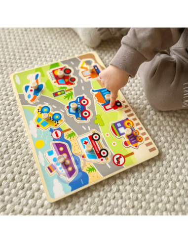 TOOKY TOY Drewniane Puzzle Transport Pojazdy z Pinezkami Do Dopasowania