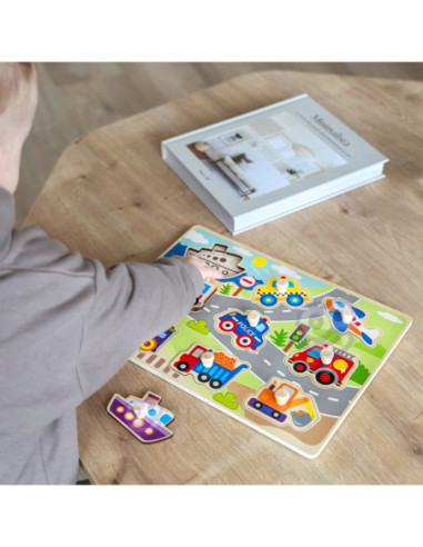 TOOKY TOY Drewniane Puzzle Transport Pojazdy z Pinezkami Do Dopasowania
