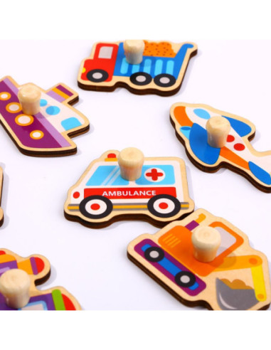 TOOKY TOY Drewniane Puzzle Transport Pojazdy z Pinezkami Do Dopasowania