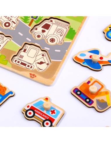 TOOKY TOY Drewniane Puzzle Transport Pojazdy z Pinezkami Do Dopasowania