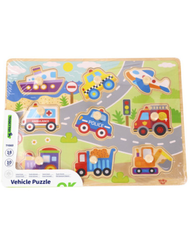 TOOKY TOY Drewniane Puzzle Transport Pojazdy z Pinezkami Do Dopasowania