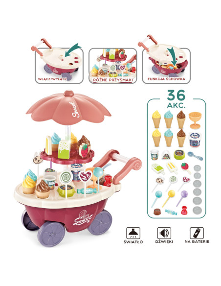 WOOPIE Sklep Wózek Stoisko z Lodami Słodyczami Dźwięk Światło + 36 Akc