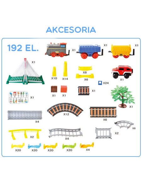 WOOPIE Kolejka Eelektryczna 2w1 Tor Wyścigowy Pociąg Wiadukt Auto XXL 192 el.