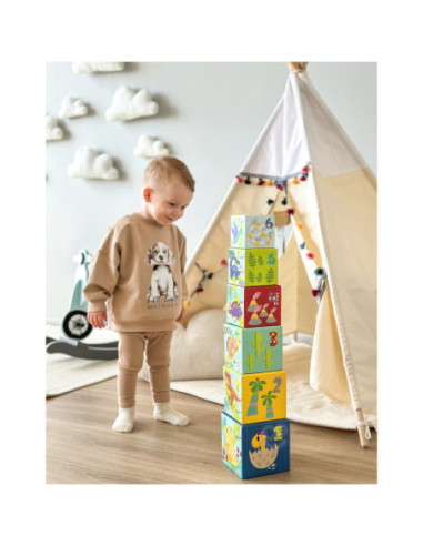 TOOKY TOY Drewniane Klocki Układanka Edukacyjna + 6 Figurek do zabawy 12 el.