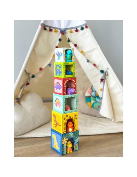 TOOKY TOY Drewniane Klocki Układanka Edukacyjna + 6 Figurek do zabawy 12 el.