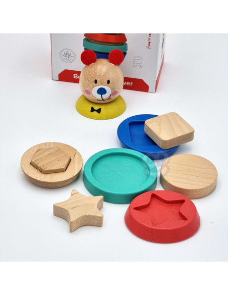 TOOKY TOY Drewniana Układanka Piramidka Kształty Miś 11 el.
