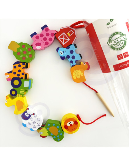 TOOKY TOY Drewniane Zwierzęta z Farmy do Nawlekania Na Sznurek