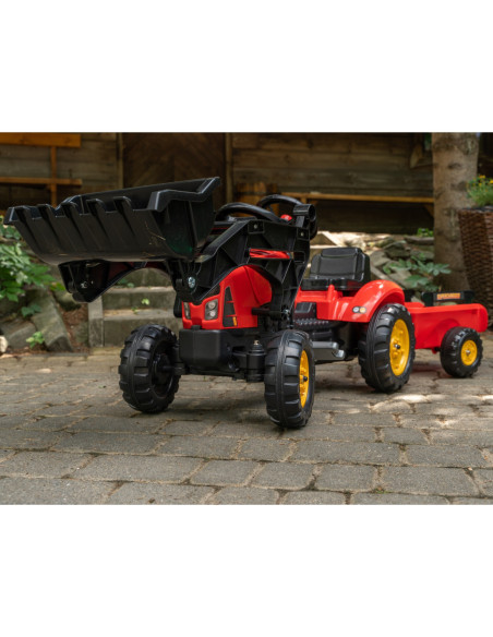FALK Traktorek Supercharger Czerwony Otwierana Maska z Przyczepką + Łyżka Od 2 Roku Życia