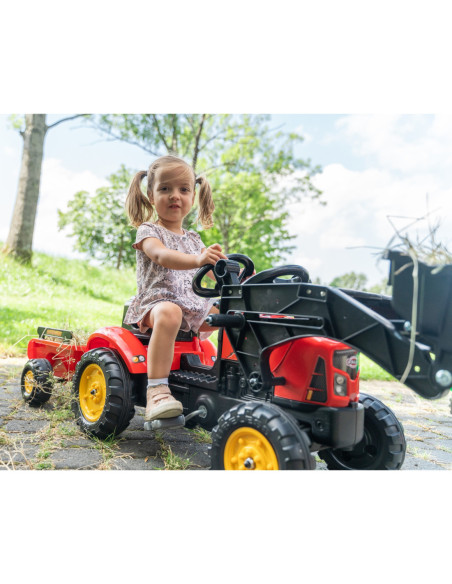 FALK Traktorek Supercharger Czerwony Otwierana Maska z Przyczepką + Łyżka Od 2 Roku Życia