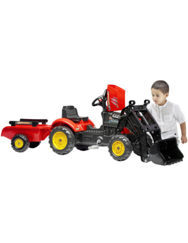 FALK Traktorek Supercharger Czerwony Otwierana Maska z Przyczepką + Łyżka Od 2 Roku Życia