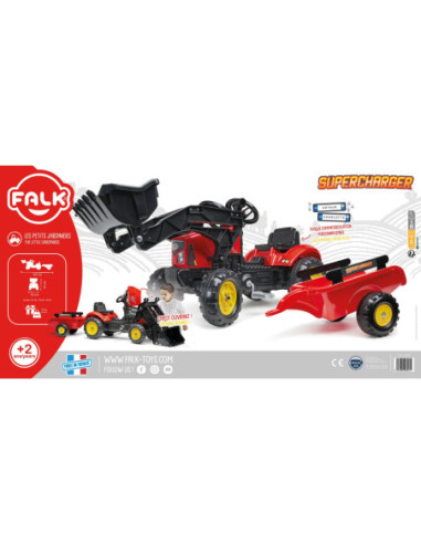 FALK Traktorek Supercharger Czerwony Otwierana Maska z Przyczepką + Łyżka Od 2 Roku Życia