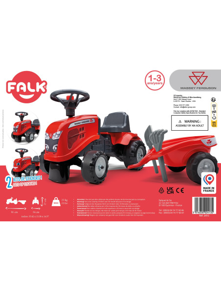 FALK Traktorek Baby Massey Ferguson Czerwony z Przyczepką + akc. Od 12 Miesięcy