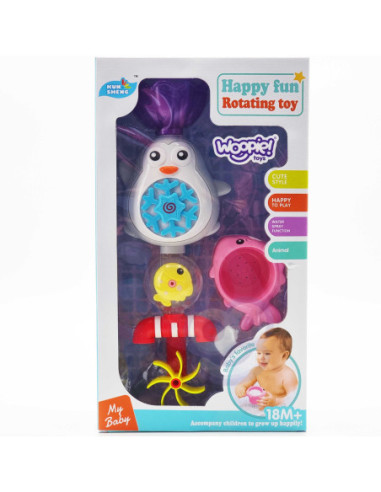 WOOPIE Pingwin Zabawka Wodna do Kąpieli Rybka Kołowrotek + Kubeczek Przelewowy