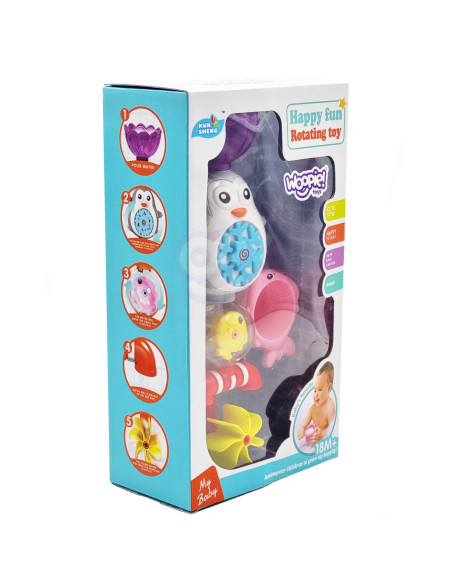 WOOPIE Pingwin Zabawka Wodna do Kąpieli Rybka Kołowrotek + Kubeczek Przelewowy