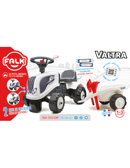 FALK Traktorek Baby Valtra Biały z Przyczepką + akc. od 1 roku