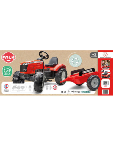 FALK Traktor Massey Ferguson Czerwony na Pedały z Przyczepką od 3 Lat