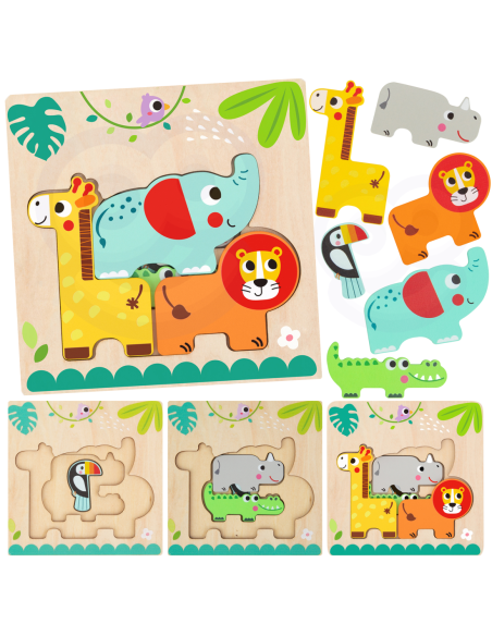 Tooky Toy Drewniane Puzzle Wielowarstwowe Tablica Zwierzątka Leśne 7 el.