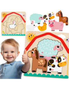 TOOKY TOY Wooden Montessori Puzzle Multilayer Board Animals on the Farm 7 pcs.