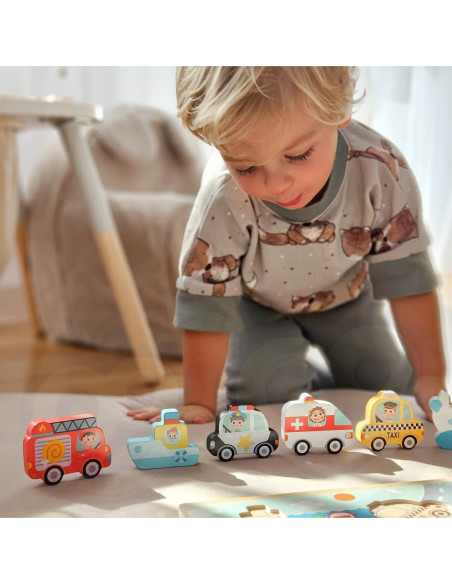 Tooky Toy Drewniane Puzzle Pojazdy Samochody Samolot Statek Miasto Dopasuj Kształty
