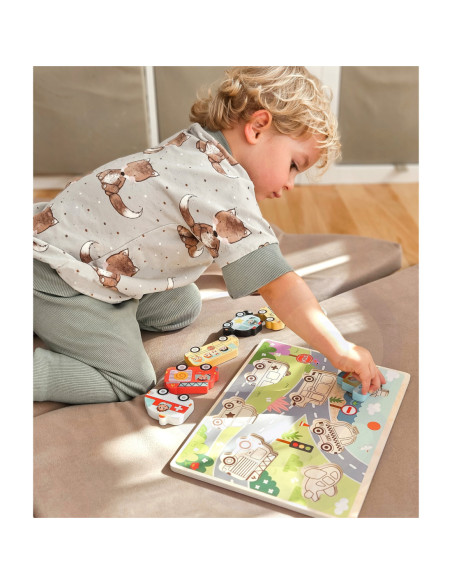 Tooky Toy Drewniane Puzzle Pojazdy Samochody Samolot Statek Miasto Dopasuj Kształty