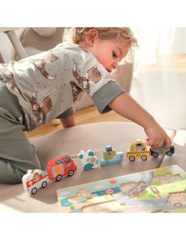 Tooky Toy Drewniane Puzzle Pojazdy Samochody Samolot Statek Miasto Dopasuj Kształty