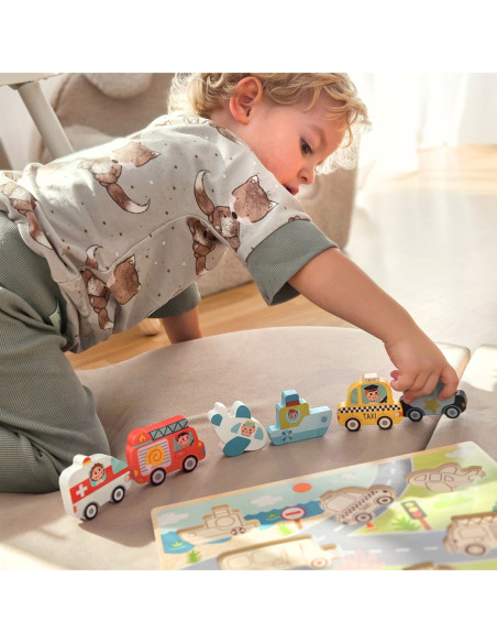 Tooky Toy Drewniane Puzzle Pojazdy Samochody Samolot Statek Miasto Dopasuj Kształty