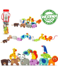 WOOPIE GREEN Drewniane Klocki do Nawlekania Zwierzęta Safari ZOO 13 el.