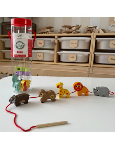 WOOPIE GREEN Drewniane Klocki do Nawlekania Zwierzęta Safari ZOO 13 el.