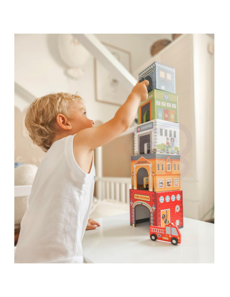 WOOPIE GREEN Układanka Kostki Miasto Pojazdy w Pudełkach + Figurki 10 el.