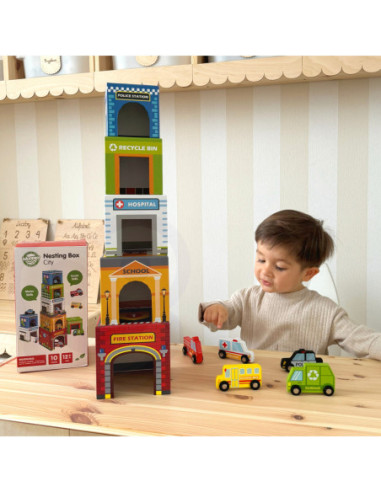 WOOPIE GREEN Układanka Kostki Miasto Pojazdy w Pudełkach + Figurki 10 el.