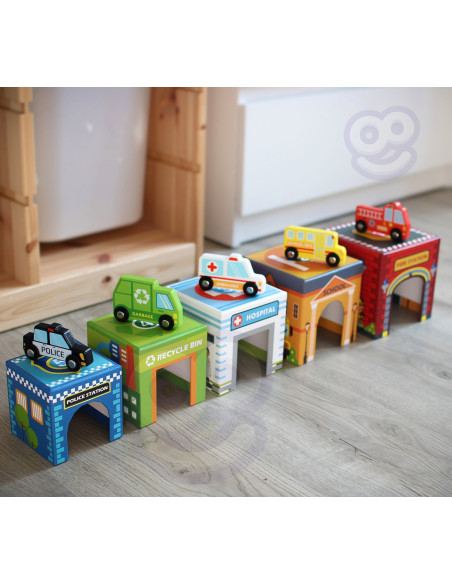 WOOPIE GREEN Układanka Kostki Miasto Pojazdy w Pudełkach + Figurki 10 el.
