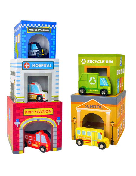 WOOPIE GREEN Układanka Kostki Miasto Pojazdy w Pudełkach + Figurki 10 el.