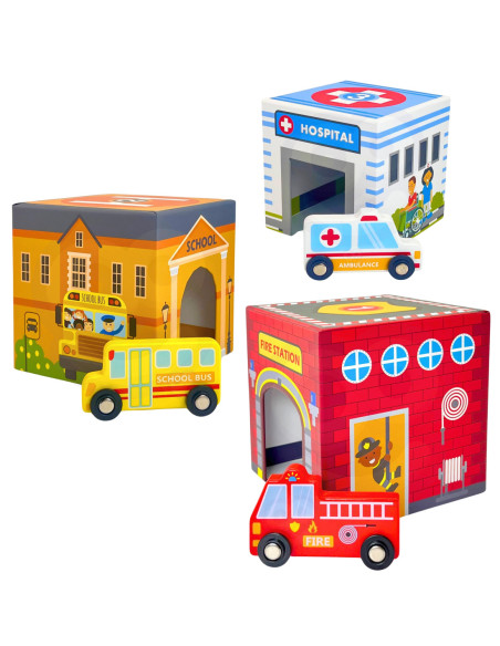 WOOPIE GREEN Układanka Kostki Miasto Pojazdy w Pudełkach + Figurki 10 el.