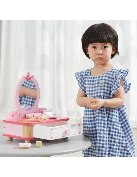 Viga Różowa Toaletka Drewniana Do Makijażu z Lustrem + Akcesoria