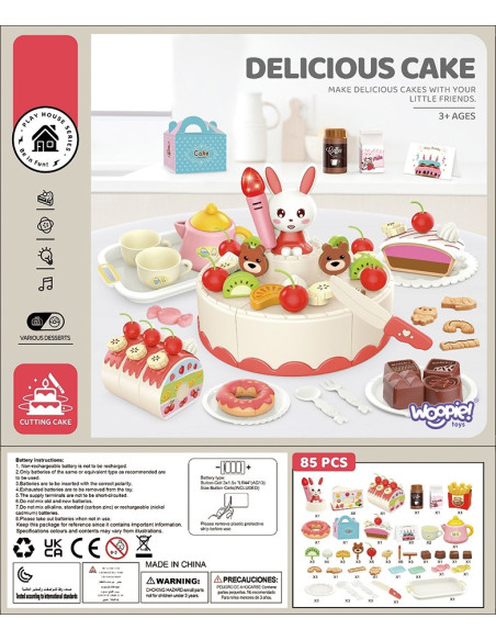 WOOPIE Cukiernia Tort Urodzinowy do Krojenia + Zestaw do Herbaty 85 el.