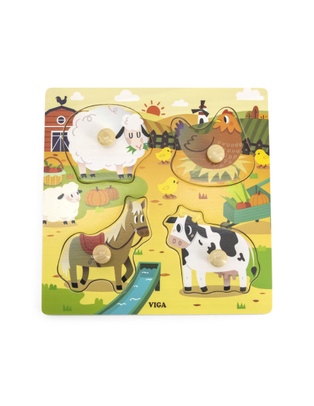 VIGA Drewniane Puzzle z Pinezkami Farma 12m+