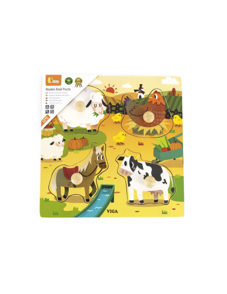 VIGA Drewniane Puzzle z Pinezkami Farma 12m+