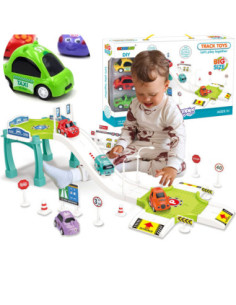 WOOPIE Track Parking Garage Car Set Gas Station Road Signs + 3 Cars