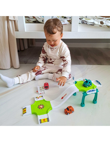 WOOPIE Tor Parking Garaż Samochodowy Zestaw Stacja Paliw Znaki Drogowe +  3 Auta