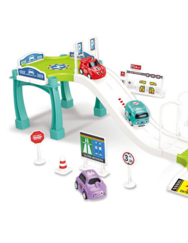 WOOPIE Tor Parking Garaż Samochodowy Zestaw Stacja Paliw Znaki Drogowe +  3 Auta