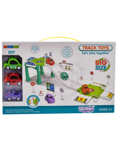 WOOPIE Tor Parking Garaż Samochodowy Zestaw Stacja Paliw Znaki Drogowe +  3 Auta