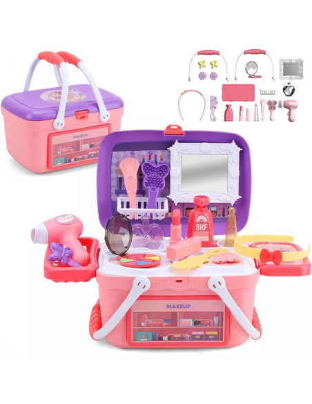 WOOPIE Toaletka dla Dziewczynki 2w1 Salon Piękności Przenośny w Koszyku 26 el