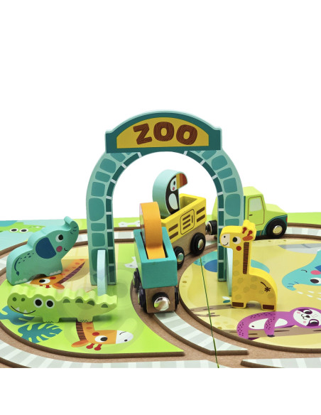 Tooky Toy Drewniana Plansza ZOO Zwierzęta Pojazd Wagoniki