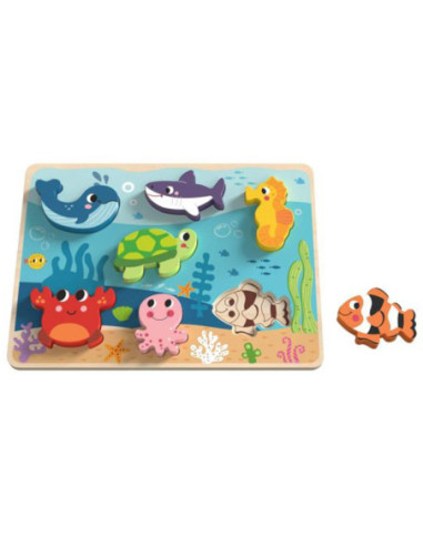 TOOKY TOY Drewniane Puzzle Świat Morza Montessori Rybki Żółwik Dopasuj Kształty