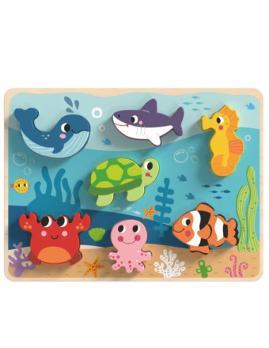TOOKY TOY Drewniane Puzzle Świat Morza Montessori Rybki Żółwik Dopasuj Kształty