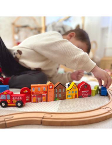 TOOKY TOY Drewniany Zestaw Budynków i Figurek Miasto Policja Szpital Remiza Policjant Doktor Strażak